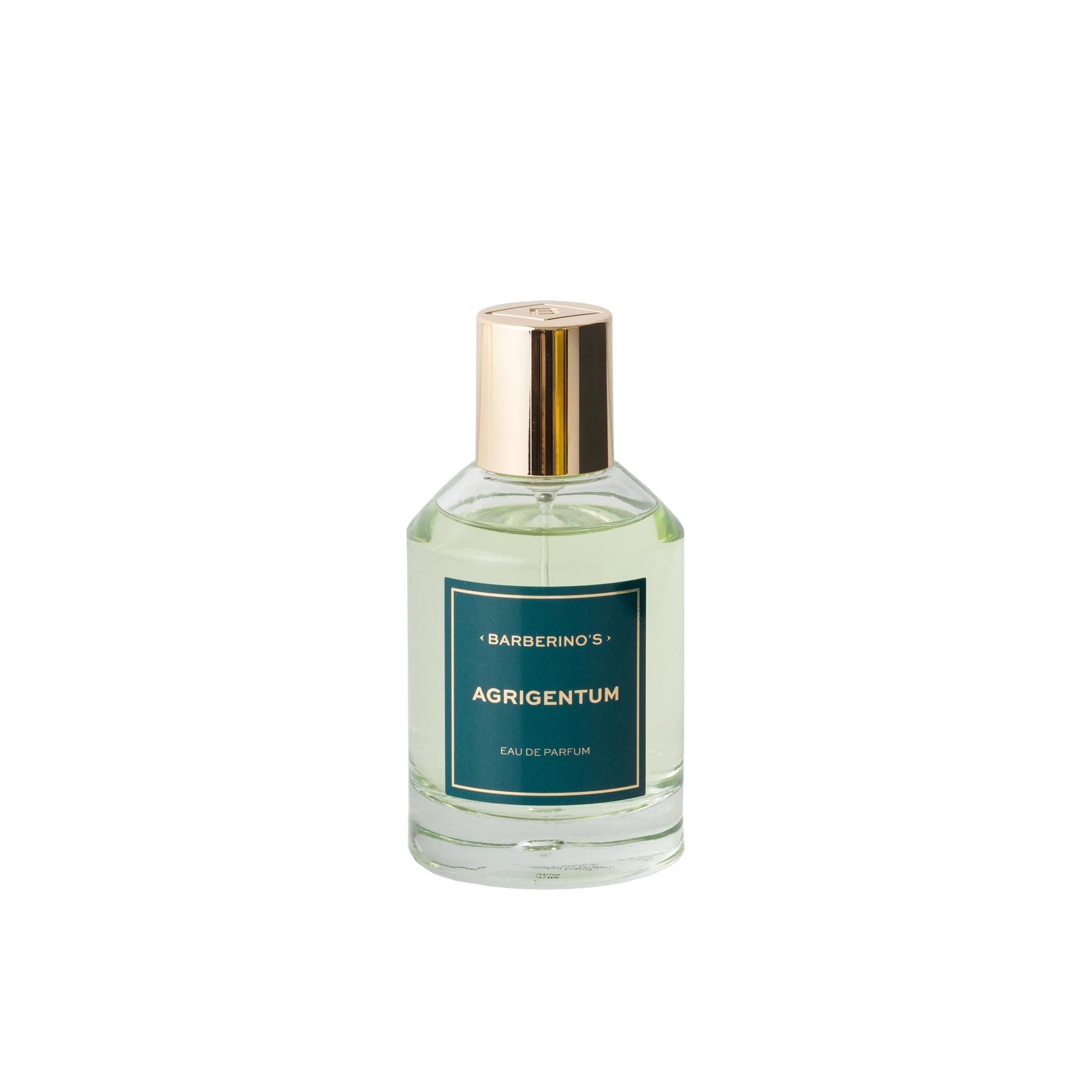 A clear glass bottle of Barberino’s Agrigentum Perfume Cologne, featuring a gold cap and green label, is displayed against a plain white background.