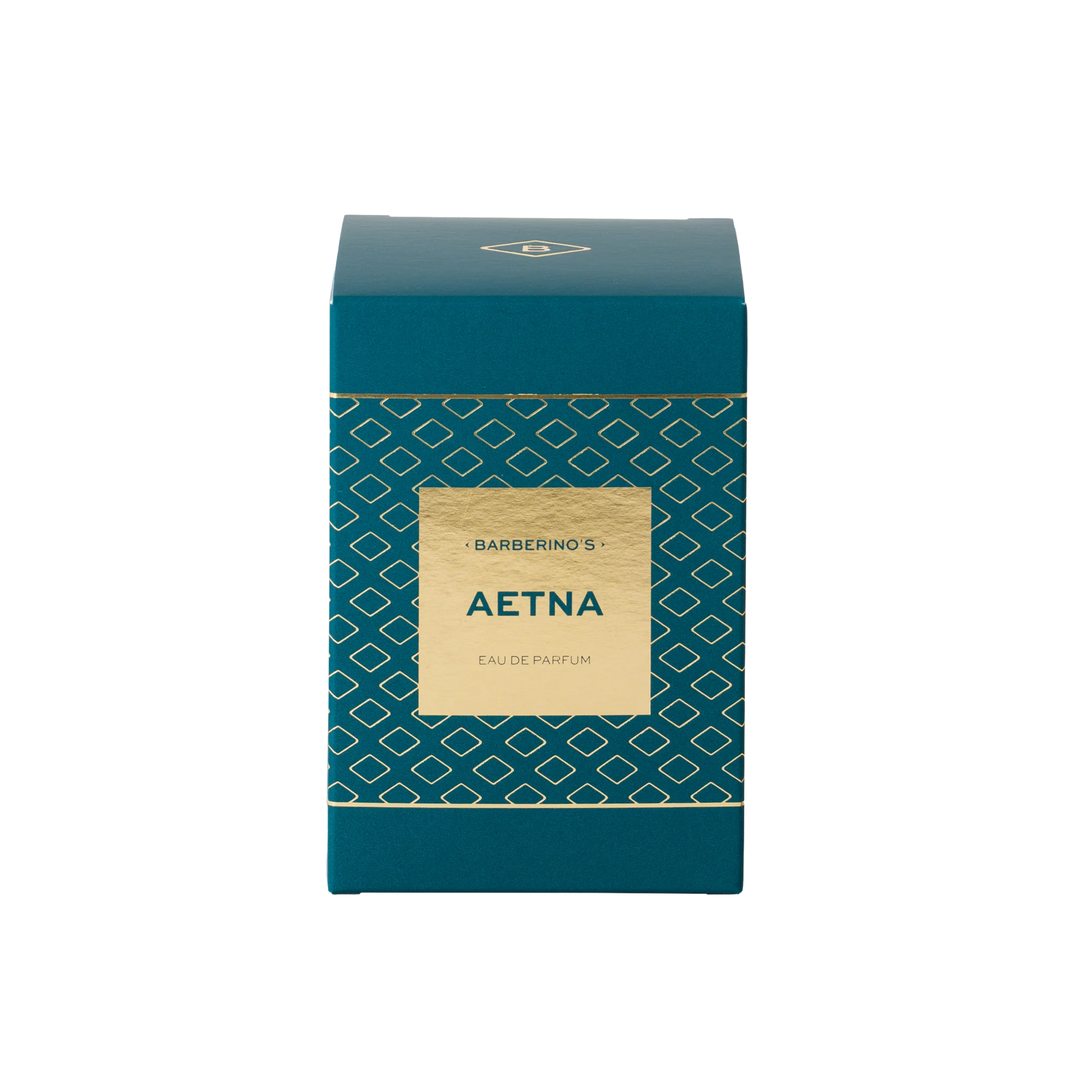 A teal and gold box labeled "Barberino's Aetna Perfume Cologne" showcases a geometric diamond pattern on the front, inspired by Sicily.
