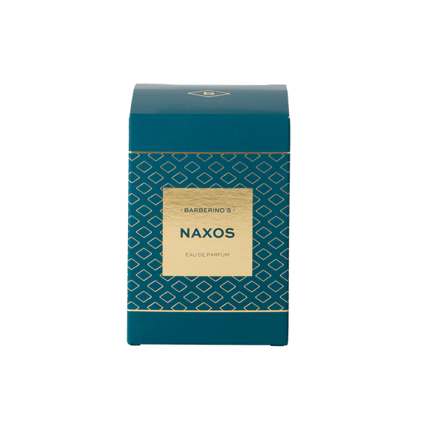 A teal and gold box labeled "Barberino's Naxos Perfume Cologne" displays a geometric design, capturing Mediterranean elegance inspired by the Gardens of Naxos.