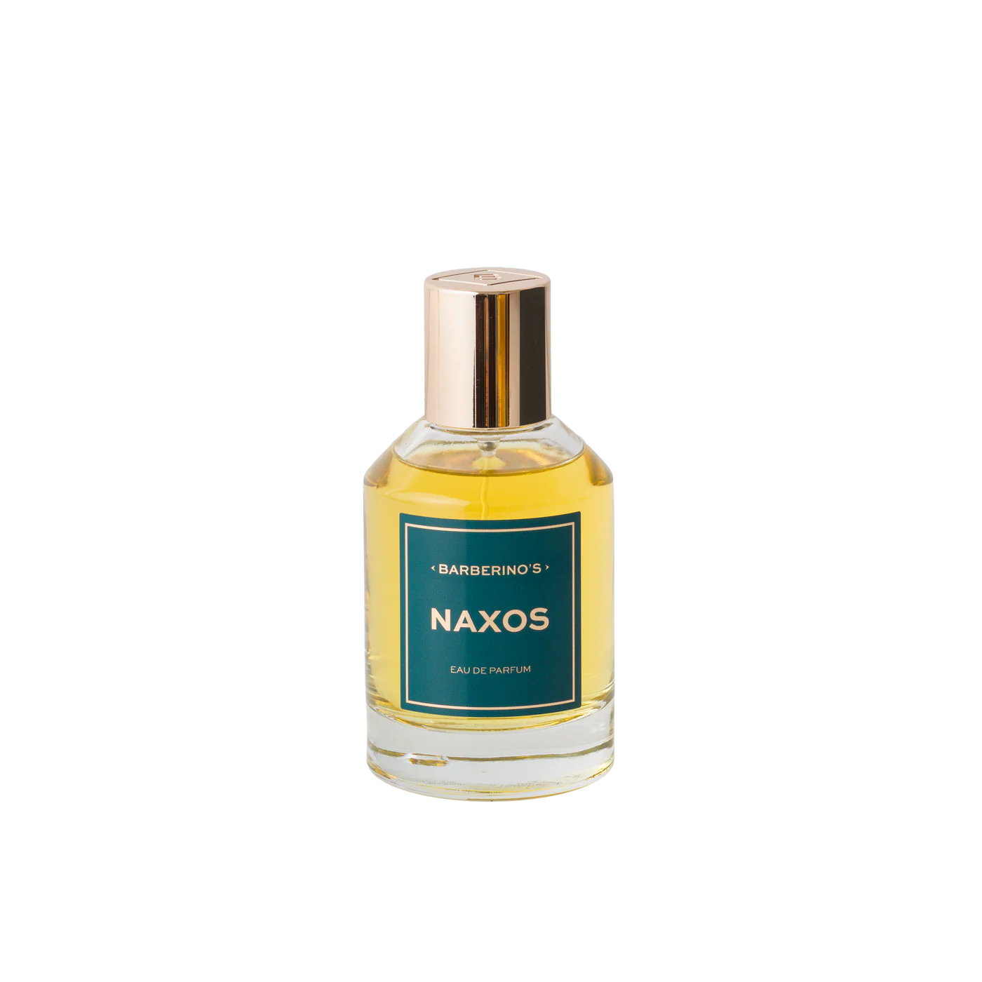 A clear glass bottle of Barberino's Naxos Perfume Cologne, featuring a gold cap, green label, and yellow liquid, captures Mediterranean elegance and the lush charm of Naxos gardens against a white background.