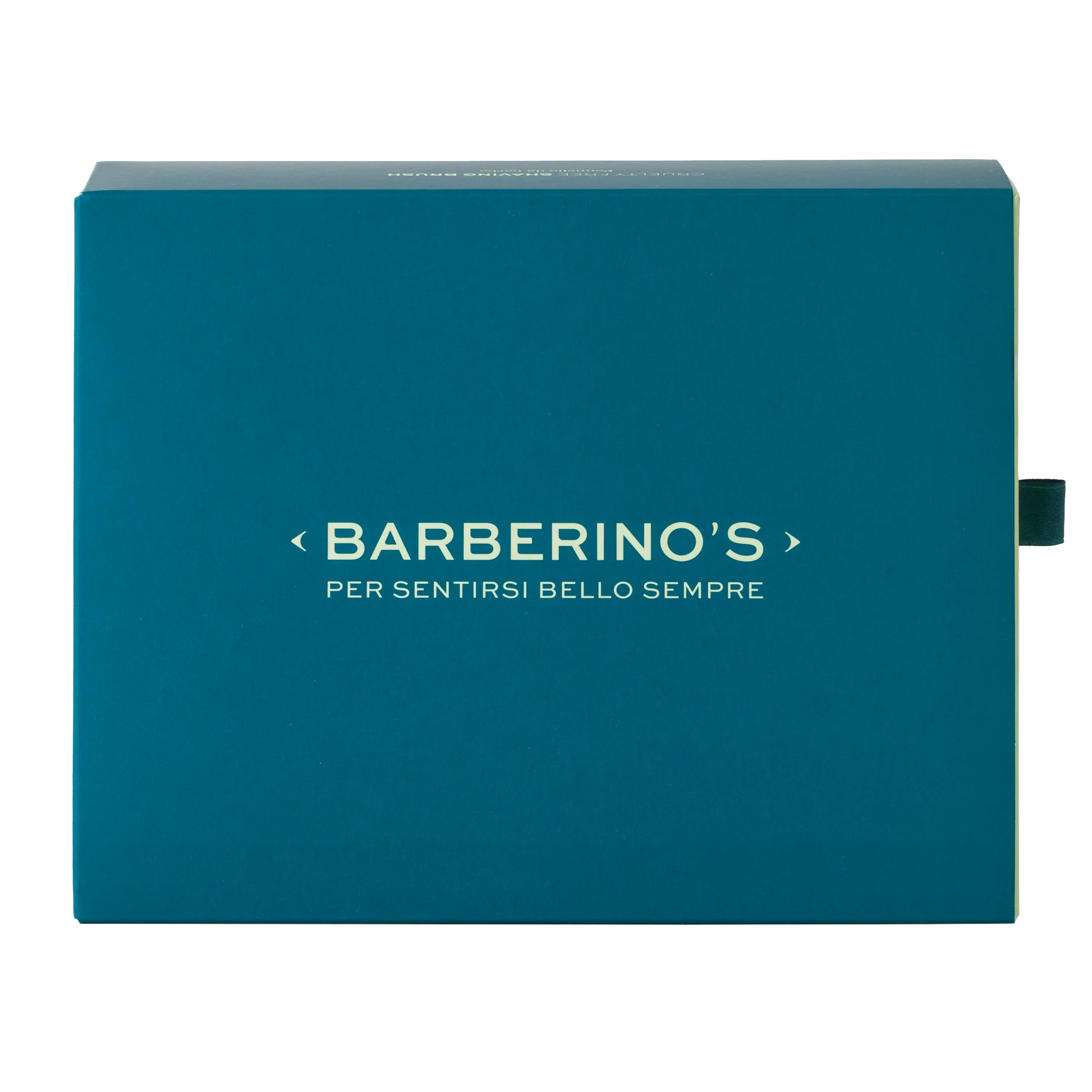 A teal rectangular box with "Barberino’s" in white on the front, containing the Cruelty Free Shaving Brush—ideal for traditional shave lovers or those who enjoy lathering shaving soap with a synthetic brush.