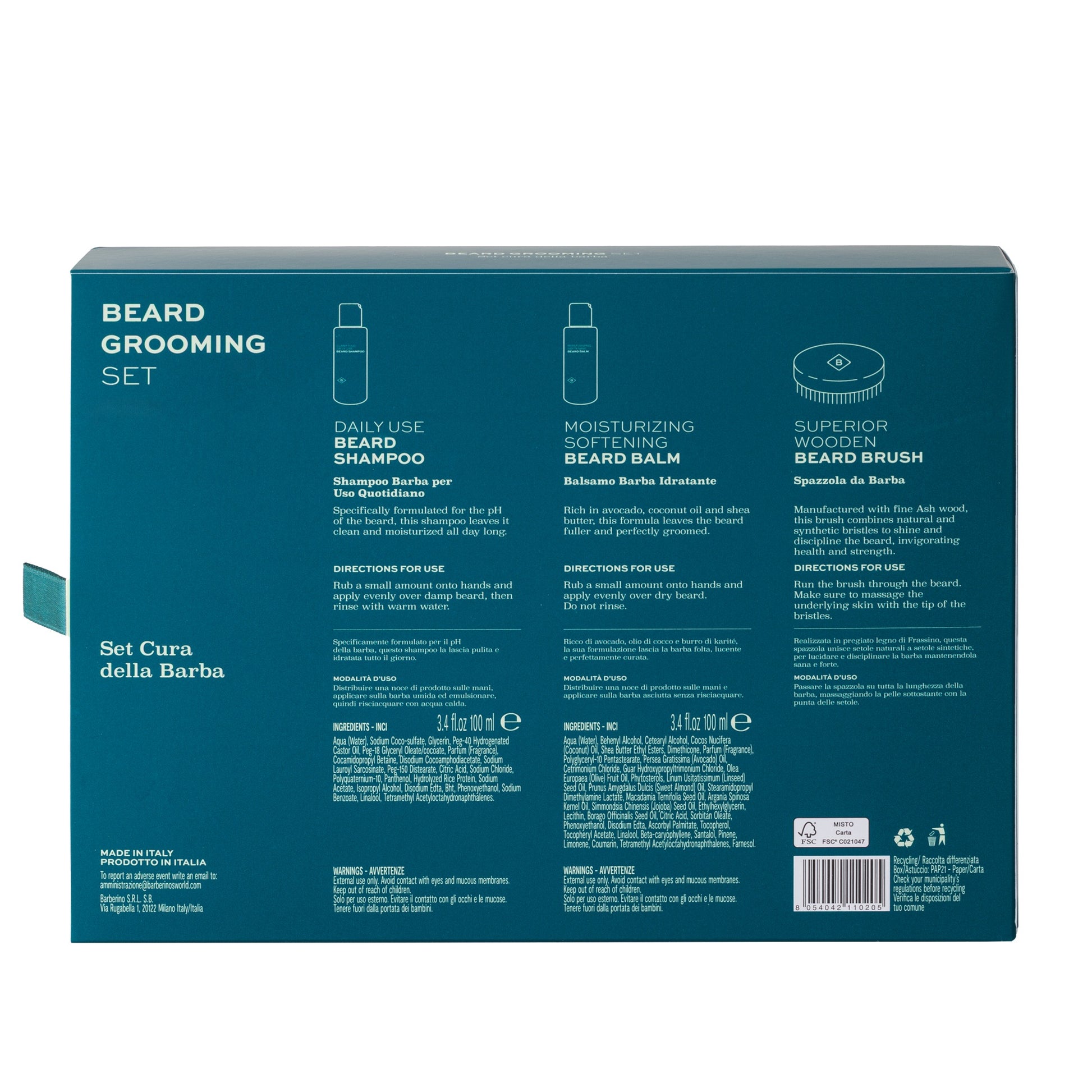 Back of Barberino's Beard Grooming Set box shows product descriptions and usage tips for beard shampoo, balm, and brush, plus ingredient lists and manufacturer info.