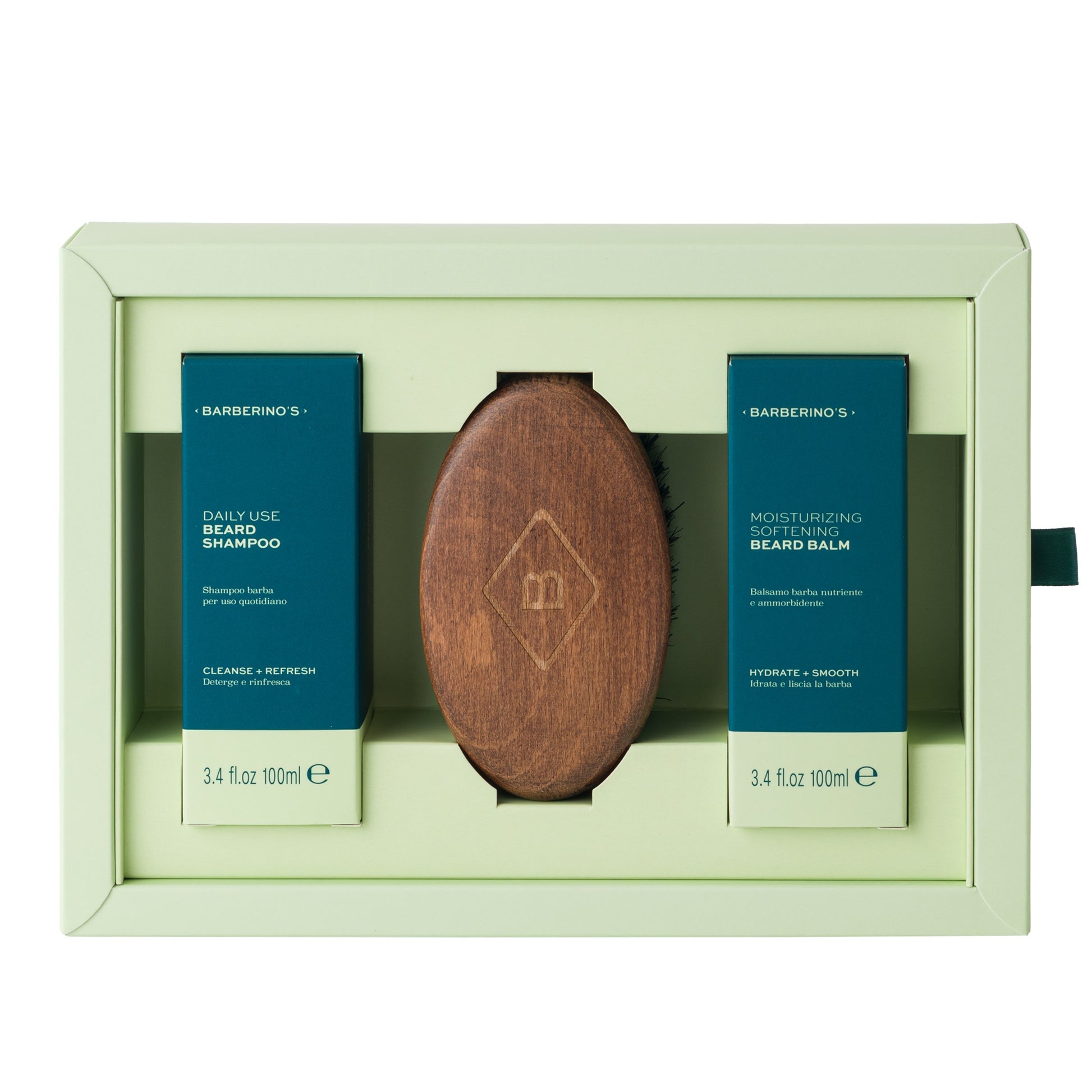 The Barberino's Beard Grooming Set includes beard shampoo, nourishing balm, and a wooden brush, all in a light green box—perfect for complete beard care.