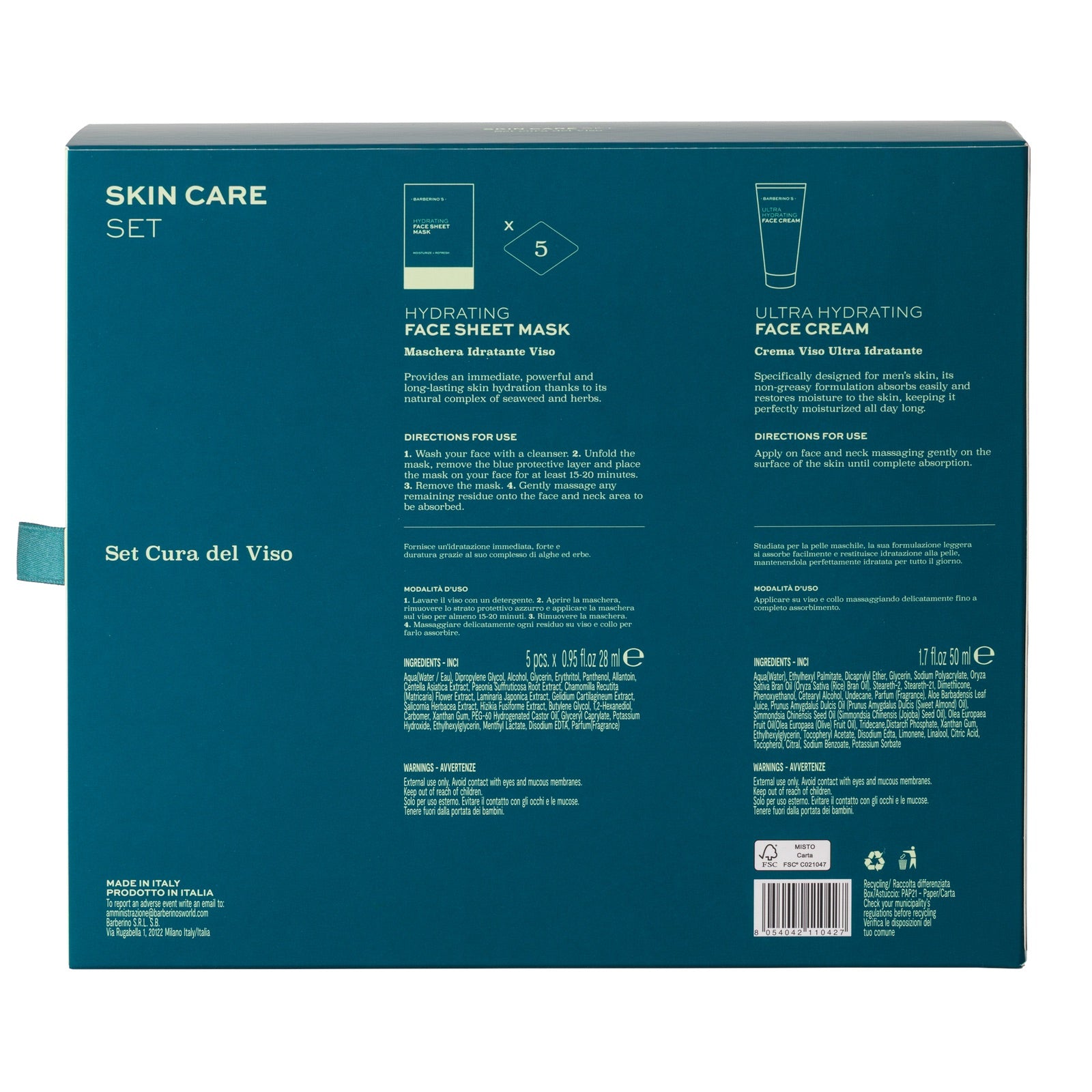 Back of a Barberino's Skin Care Set box displaying product details, directions, and ingredients for a hydrating sheet mask and ultra-hydrating face cream—perfect for all skin types and essential to your skincare routine.