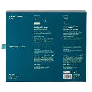 Back of a Barberino's Skin Care Set box displaying product details, directions, and ingredients for a hydrating sheet mask and ultra-hydrating face cream—perfect for all skin types and essential to your skincare routine.