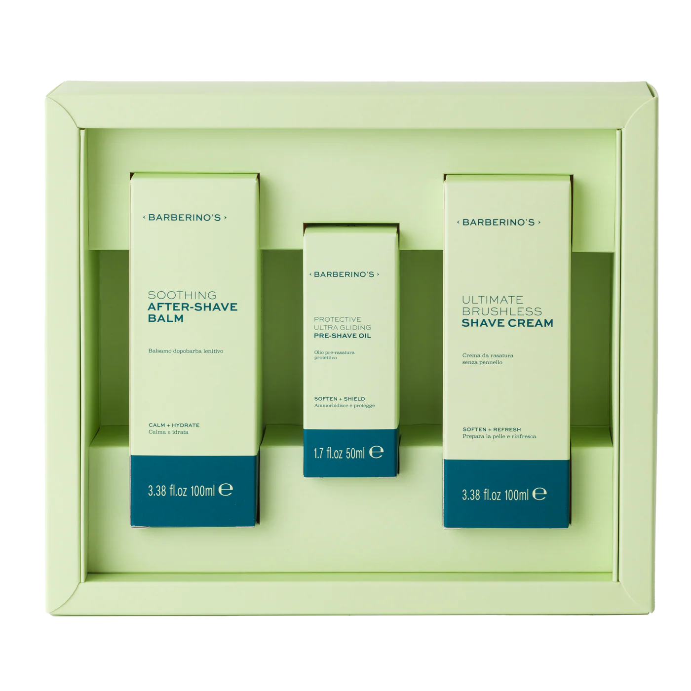 The Barberino's Perfect Shaving Set includes three grooming essentials—after-shave balm, pre-shave oil, and brushless shave cream—beautifully arranged in a light green display case.