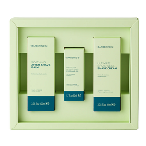 The Barberino's Perfect Shaving Set includes three grooming essentials—after-shave balm, pre-shave oil, and brushless shave cream—beautifully arranged in a light green display case.