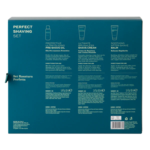 Back of a Barberino's Perfect Shaving Set box with product details and usage instructions for pre-shave oil, shave cream, and after-shave balm in English and Italian.