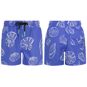 Pepita & Me Baby Boys' and Boys' Playa Azul Swim Trunks shown in blue with white seashell and starfish print, featuring an elastic waistband, back pocket, and quick-dry fabric for all-day comfort.