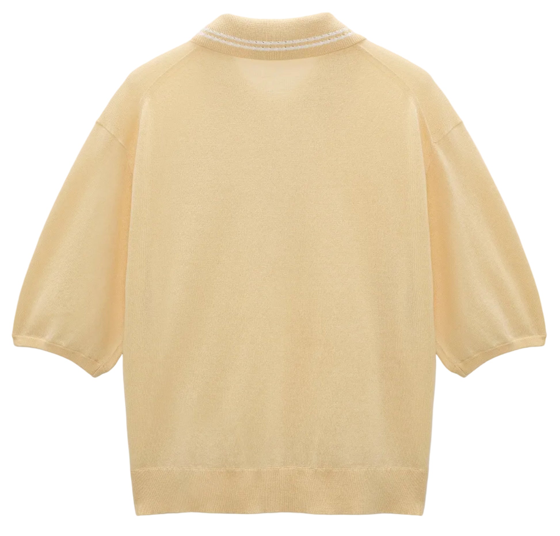 The Refined Essentials Pullover by Dorothee Schumacher is a light yellow short-sleeve stretch cotton sweater featuring ribbed collar, cuffs, and hem, shown flat with the back facing forward.