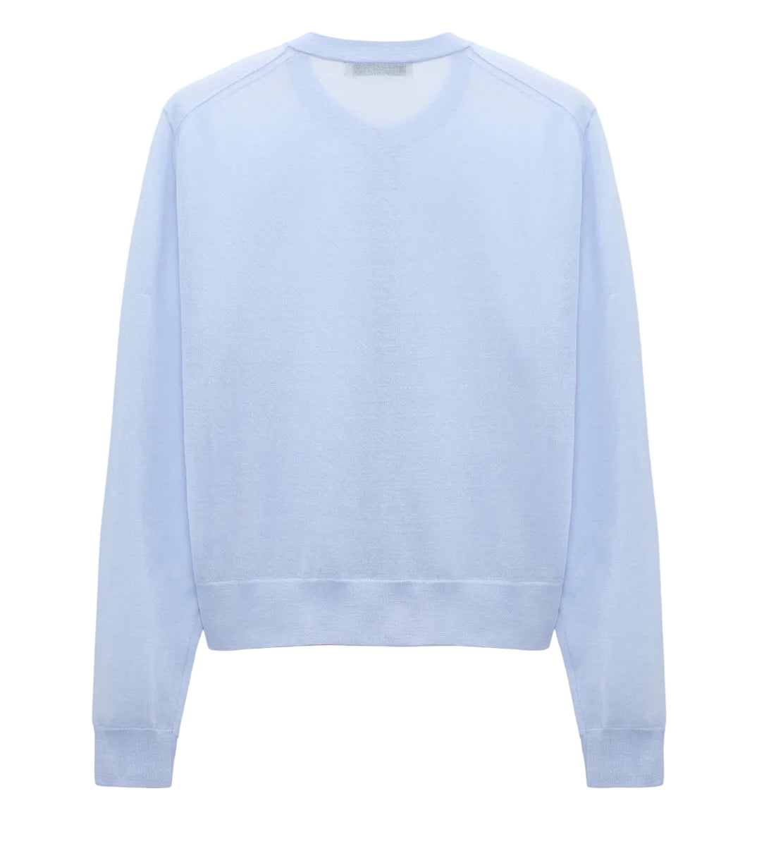 The Sheer Summer Twinset by Dorothee Schumacher is a light blue long-sleeve crewneck sweater in stretch cotton, shown from the back on a plain white background.