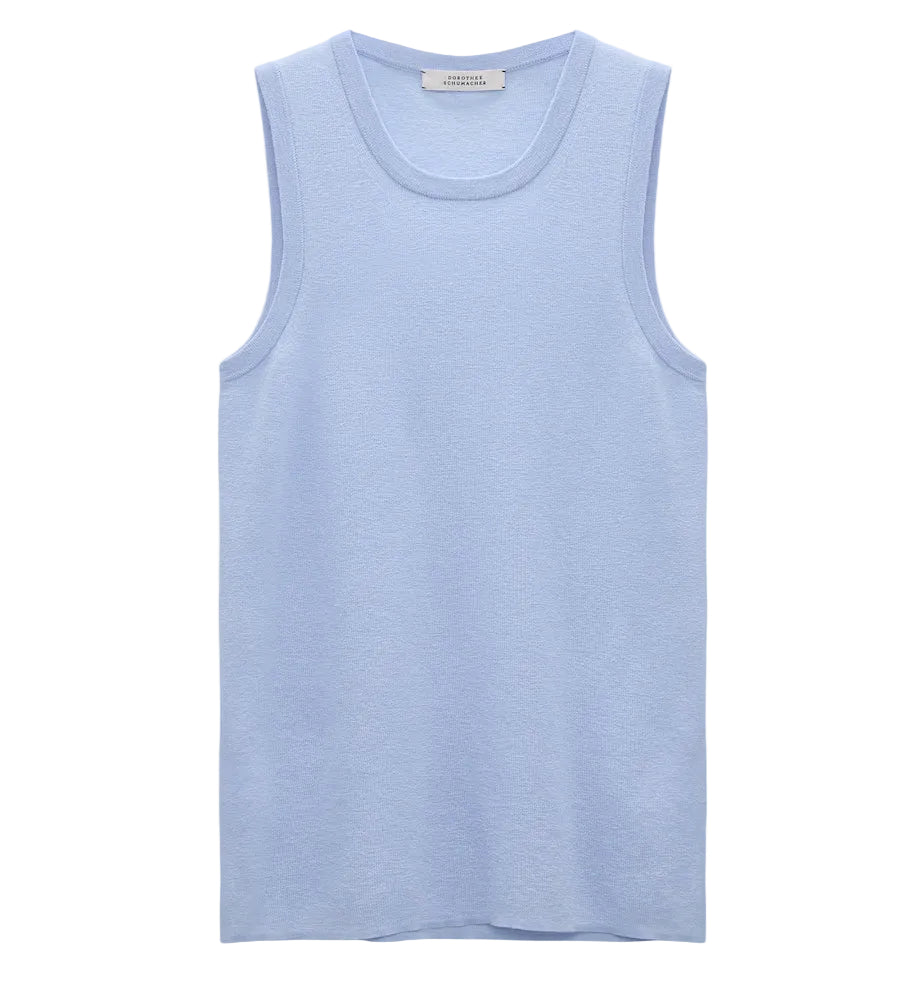 The Dorothee Schumacher Sheer Summer Twinset, a light blue sleeveless stretch cotton tank top, is displayed on a plain white background.