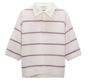 The Sporty Statements Pullover by Dorothee Schumacher is a cropped, boxy Merino-cashmere knit top in cream with a polo collar, half sleeves, and thin red and blue horizontal stripes.