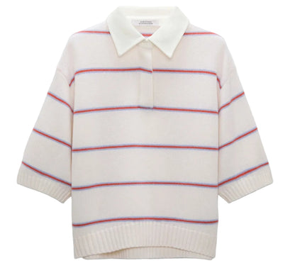 The Sporty Statements Pullover by Dorothee Schumacher is a cropped, boxy Merino-cashmere knit top in cream with a polo collar, half sleeves, and thin red and blue horizontal stripes.