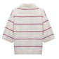Back view of the Sporty Statements Pullover by Dorothee Schumacher, a white cropped boxy knit sweater with short sleeves, thin blue and red horizontal stripes, and a ribbed hem.