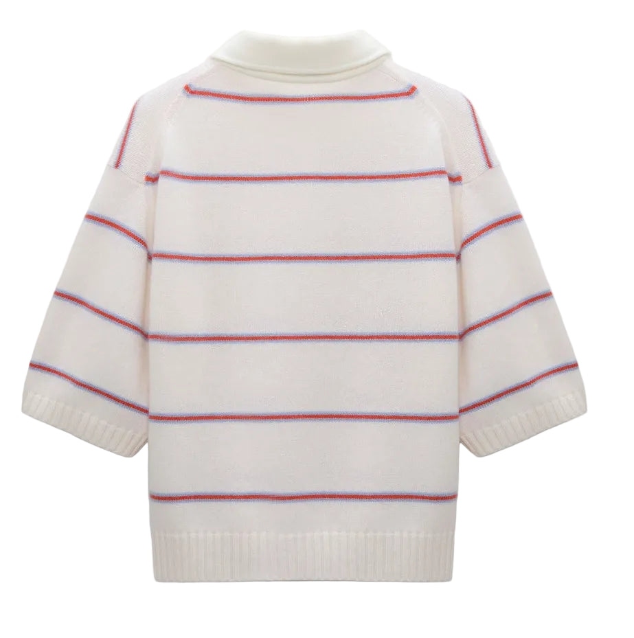 Back view of the Sporty Statements Pullover by Dorothee Schumacher, a white cropped boxy knit sweater with short sleeves, thin blue and red horizontal stripes, and a ribbed hem.
