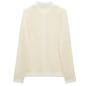 Back view of the Dorothee Schumacher Airy Softness Cardigan—a long-sleeve, off-white textured knit with button front, high neckline, and relaxed fit.