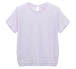 The Dorothee Schumacher Natural Ease Shirt is a plain light purple heathered top with short sleeves, a round neckline, tonal knit trim, and a small back keyhole button closure.