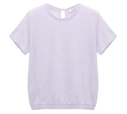 The Dorothee Schumacher Natural Ease Shirt is a plain light purple heathered top with short sleeves, a round neckline, tonal knit trim, and a small back keyhole button closure.