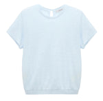 The Natural Ease Shirt by Dorothee Schumacher is a light blue heathered top with short sleeves, a crew neck, and a small buttoned keyhole at the back neckline, shown against a plain white background.