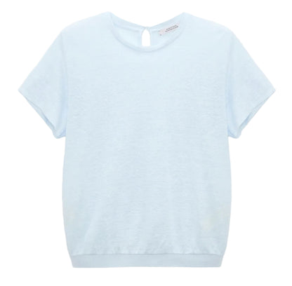 The Natural Ease Shirt by Dorothee Schumacher is a light blue heathered top with short sleeves, a crew neck, and a small buttoned keyhole at the back neckline, shown against a plain white background.