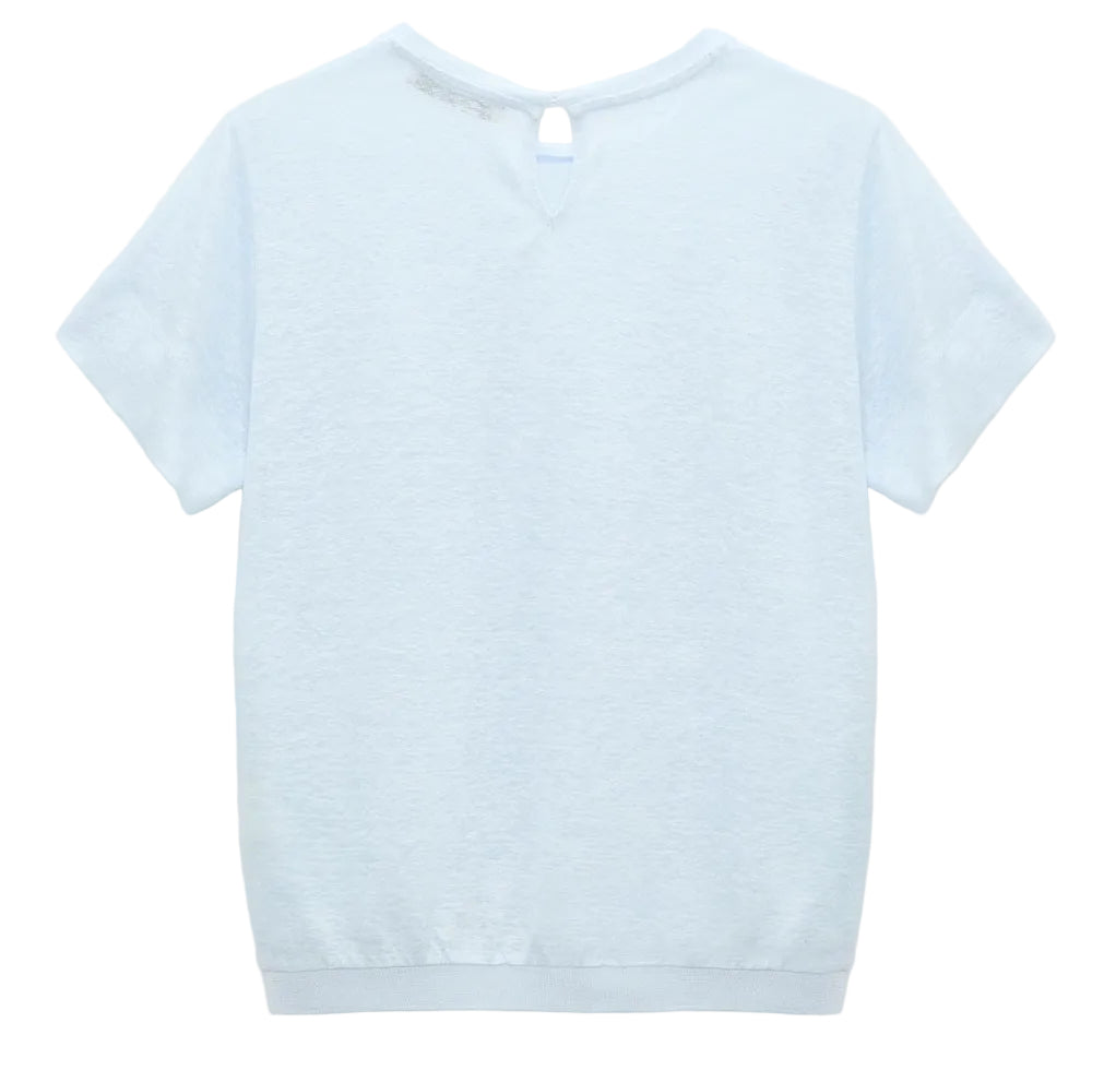 The Dorothee Schumacher Natural Ease Shirt is shown from the back in light blue heather, highlighting a small keyhole opening with a button closure at the neckline.