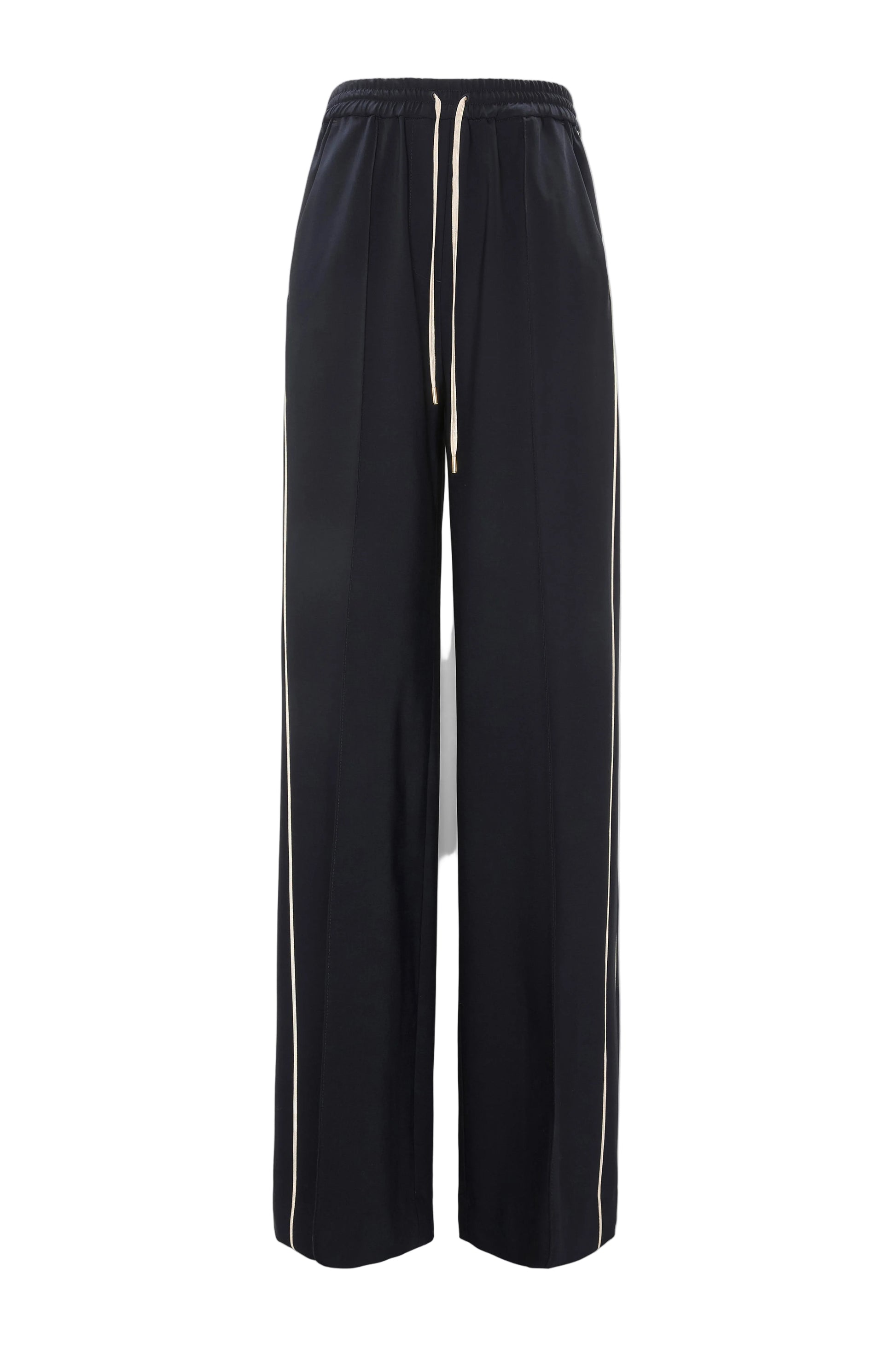 The Dorothee Schumacher Casual Attraction Pants are black wide-leg wool joggers with white side stripes, a relaxed fit, and an elastic drawstring waist, shown against a white background.