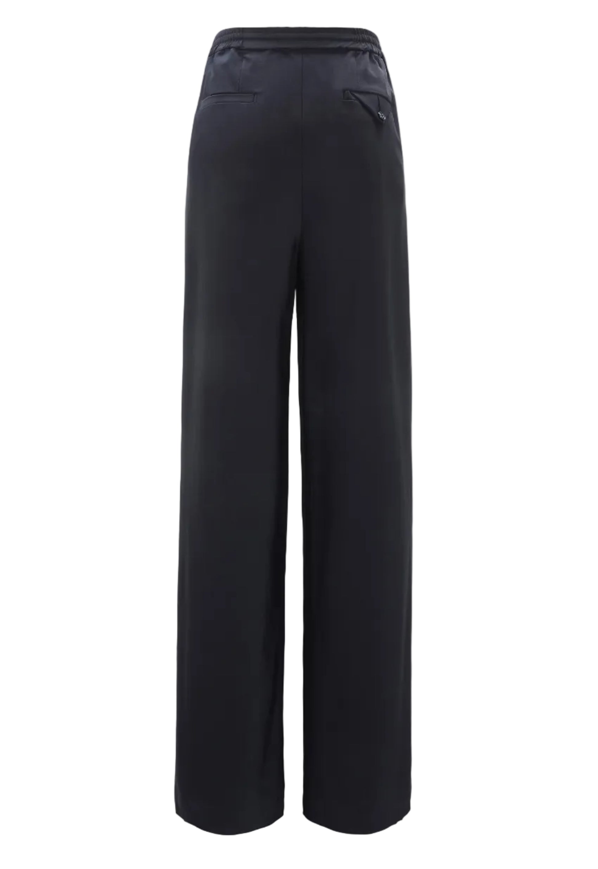 Back view of Dorothee Schumacher’s Casual Attraction Pants in black, featuring a relaxed wide-leg fit, elastic waistband, and two rear welt pockets.