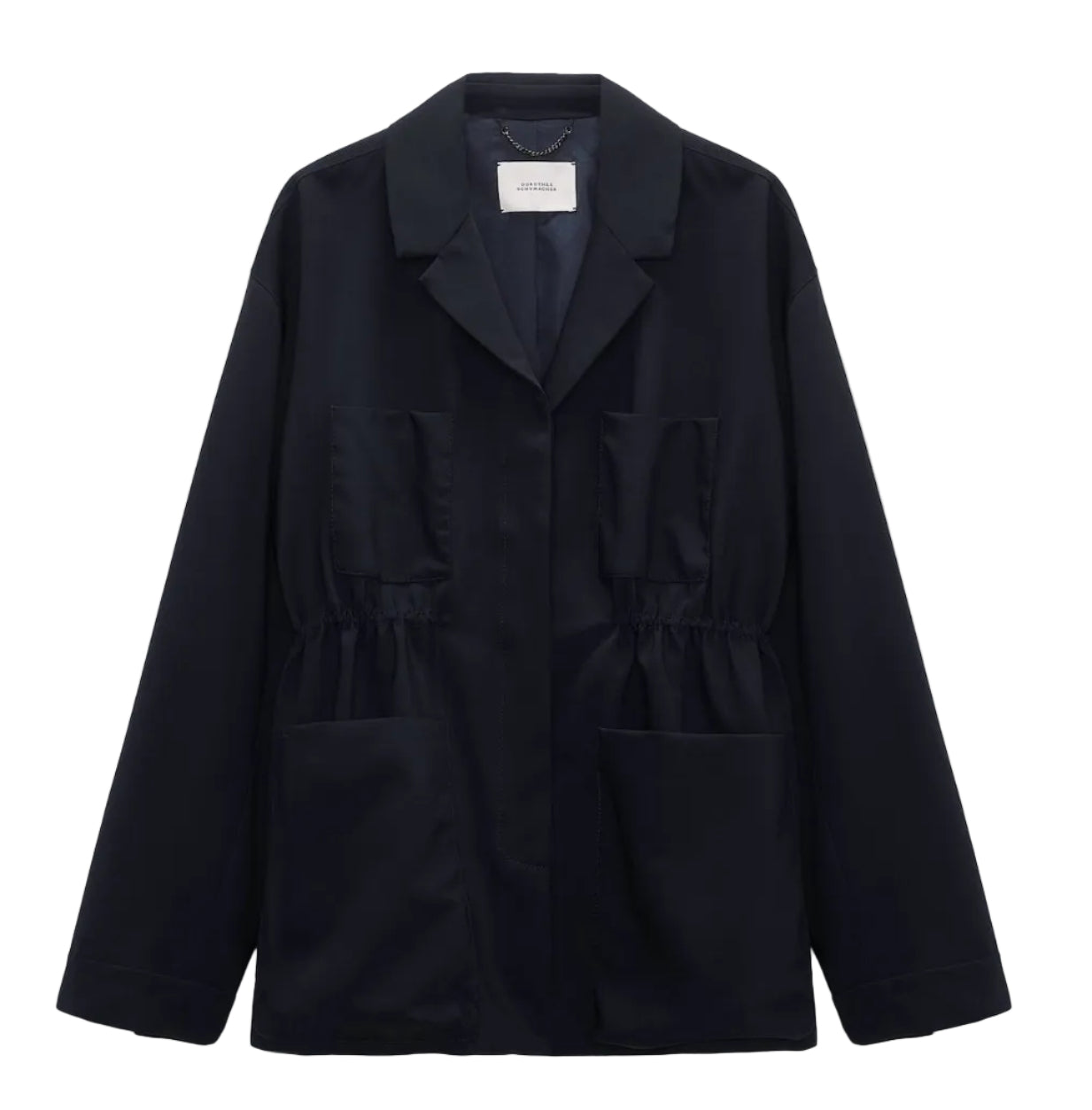 The Dorothee Schumacher Casual Attraction Jacket is a dark navy, long-sleeved virgin wool field jacket with a collar, two chest pockets, and two lower front pockets, shown against a white background.