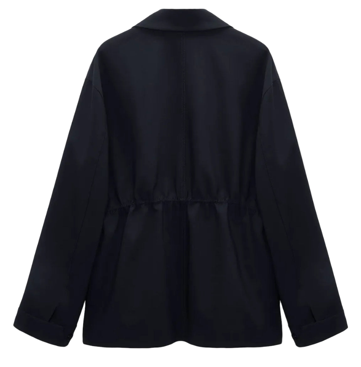 Back view of the Dorothee Schumacher Casual Attraction Jacket—a black, long-sleeved field jacket in virgin wool with a cinched waist, collar, plain detailing, and a straight hem.