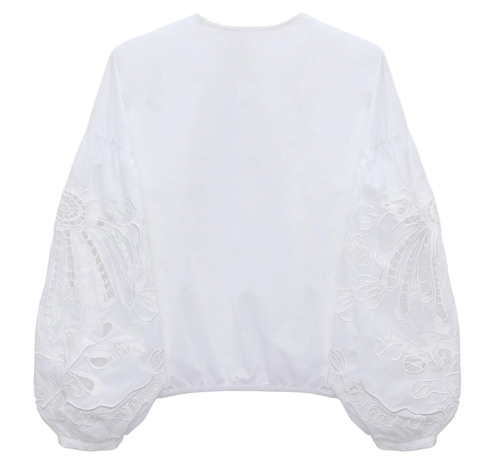 The Embroidered Beauty Blouse by Dorothee Schumacher is a white cotton top with long balloon sleeves, detailed with floral embroidery and geometric patterns, shown from the back against a plain backdrop.