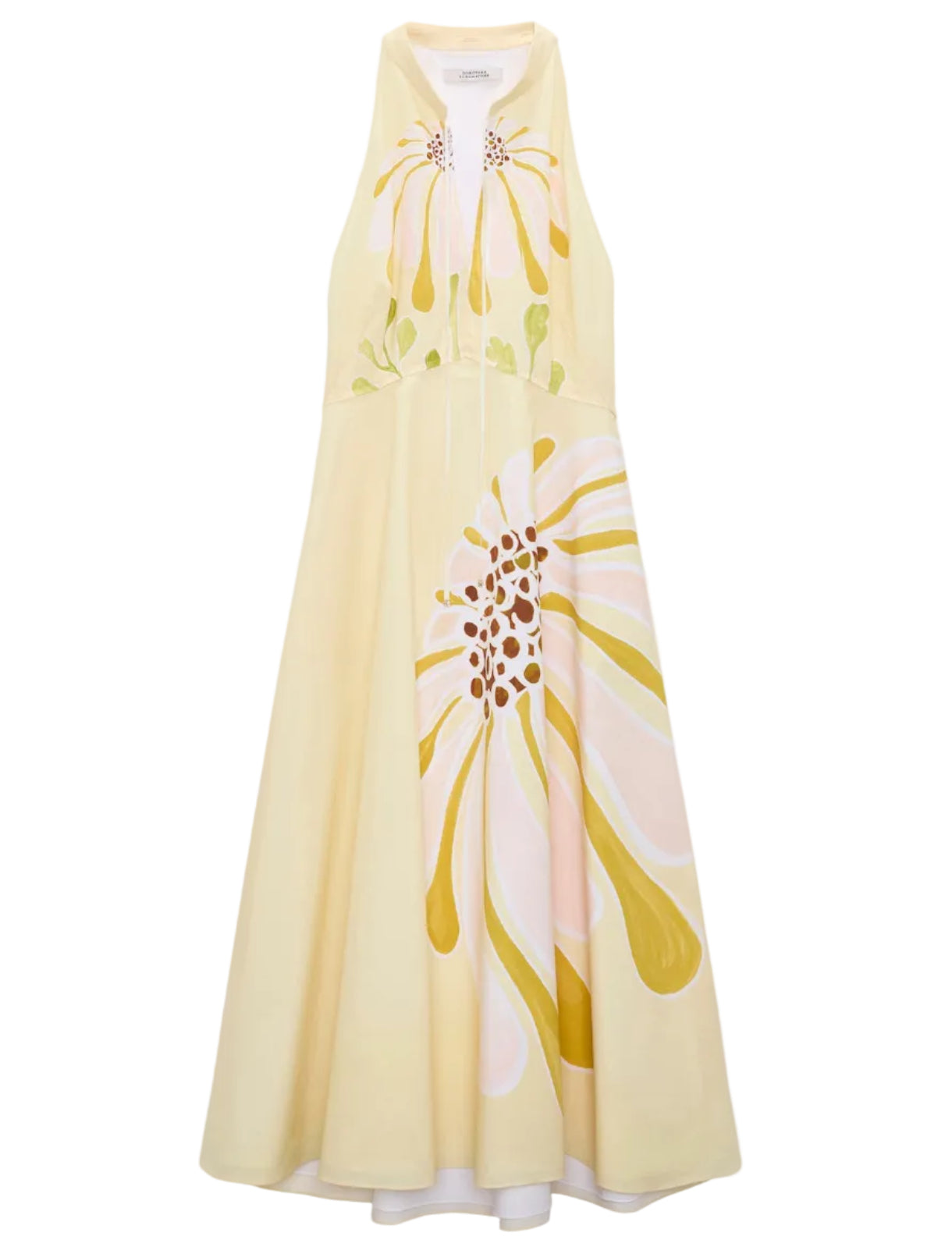 The Floral Power Dress by Dorothee Schumacher is a sleeveless light yellow cotton poplin midi-dress with a halter neckline, abstract pink, yellow, and brown floral prints, and a removable lace collar.
