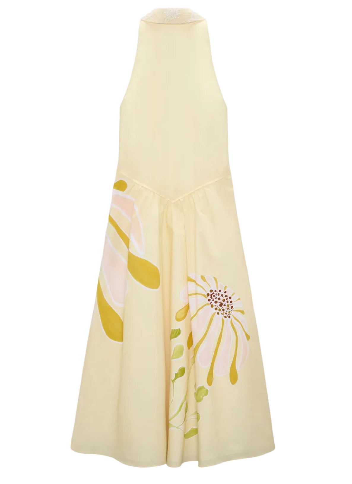 The Floral Power Dress by Dorothee Schumacher is a sleeveless, light yellow cotton poplin midi-dress with a halter neckline, flared skirt with large white, pink, and green floral prints, and a removable lace collar.