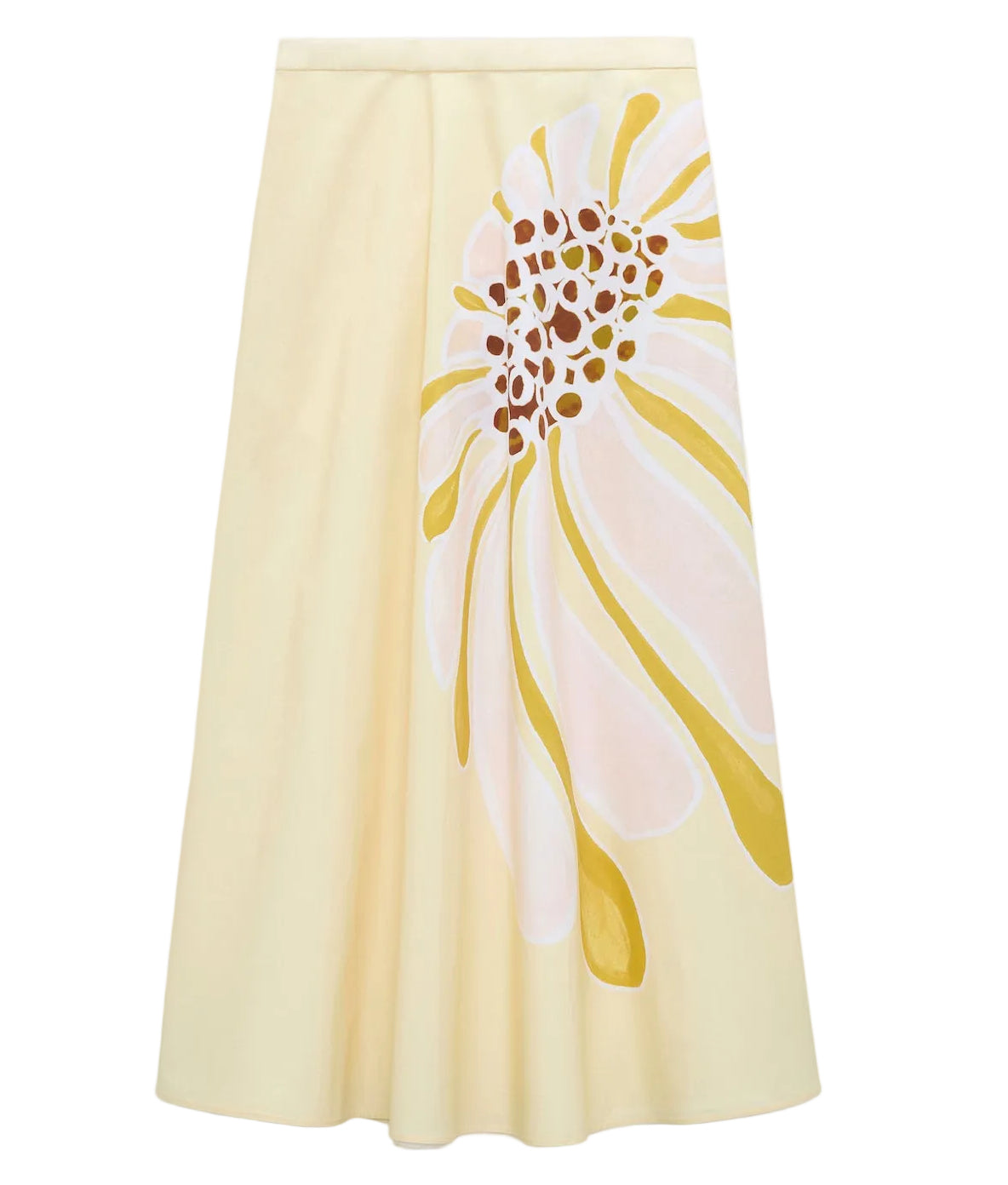 The Floral Power Skirt by Dorothee Schumacher is a cream cotton poplin midi-skirt with a fitted waist, featuring a bold abstract floral signature print in yellow, white, and brown on one side.