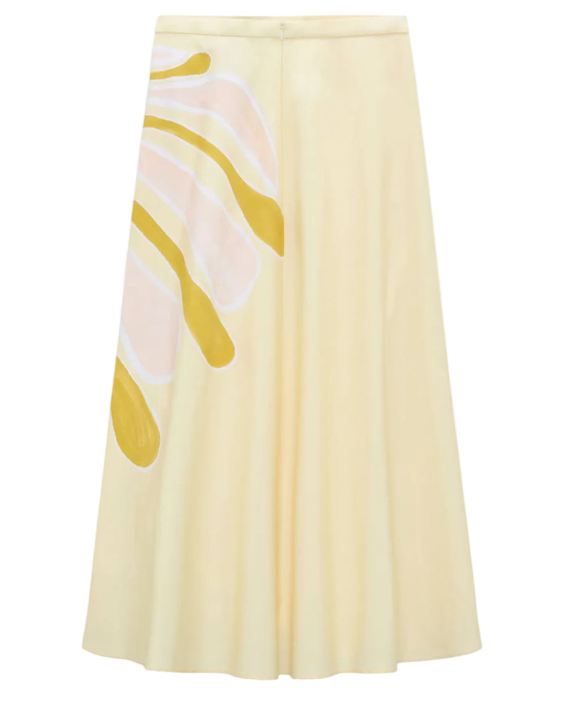 The Floral Power Skirt by Dorothee Schumacher is a pale yellow cotton poplin midi skirt with a fitted waist and a bold abstract yellow and peach signature print on one side.
