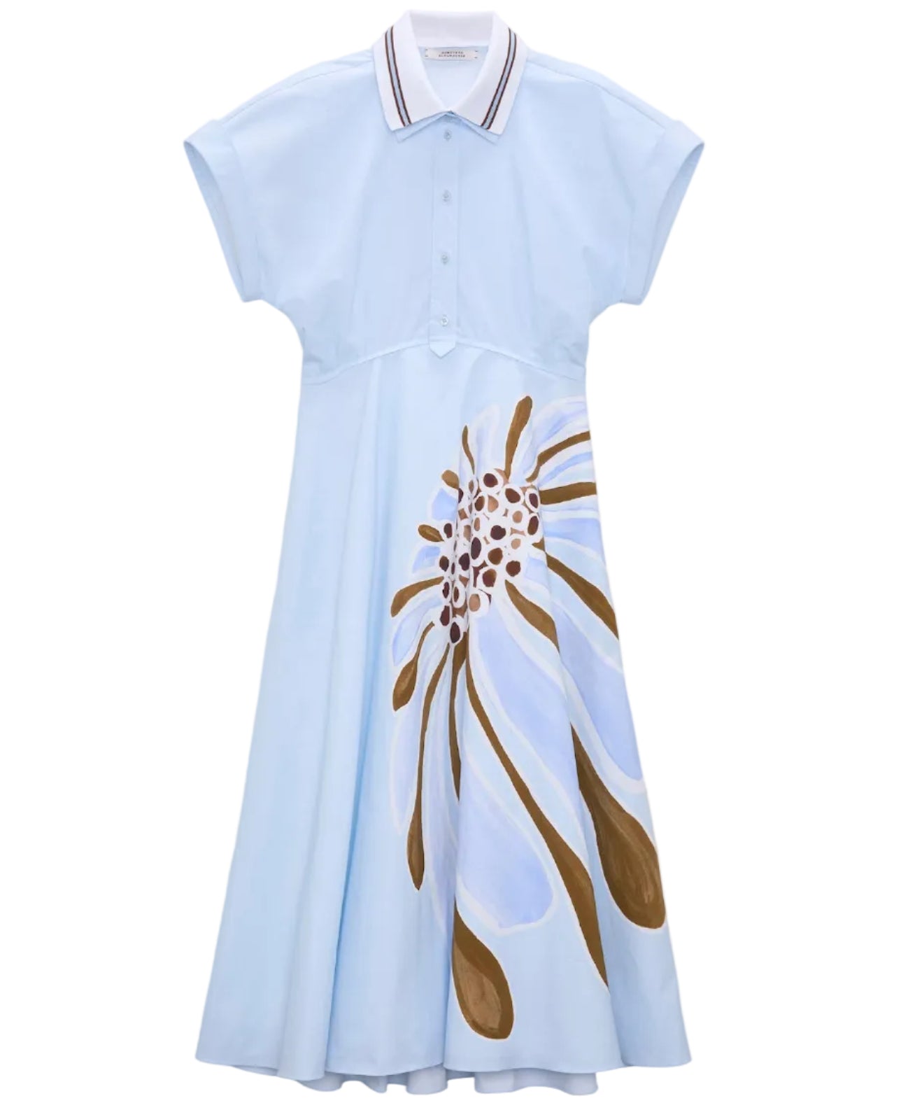 The Floral Power Dress by Dorothee Schumacher is a light blue cotton poplin dress featuring a polo collar, button front, and a large brown and white signature flower print on the lower half.
