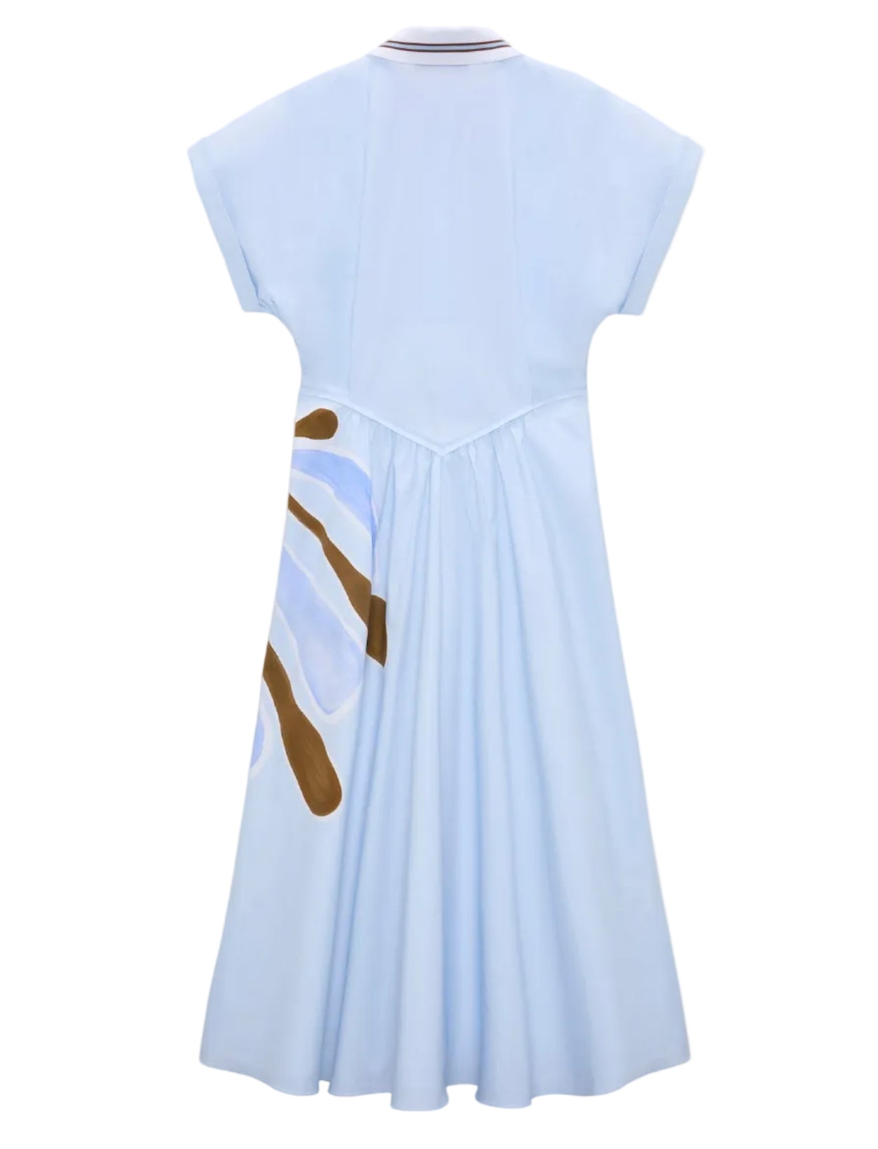 The Floral Power Dress by Dorothee Schumacher is a light blue, short-sleeve cotton poplin dress with a pleated back and an abstract brown and blue handprint signature print on one side.