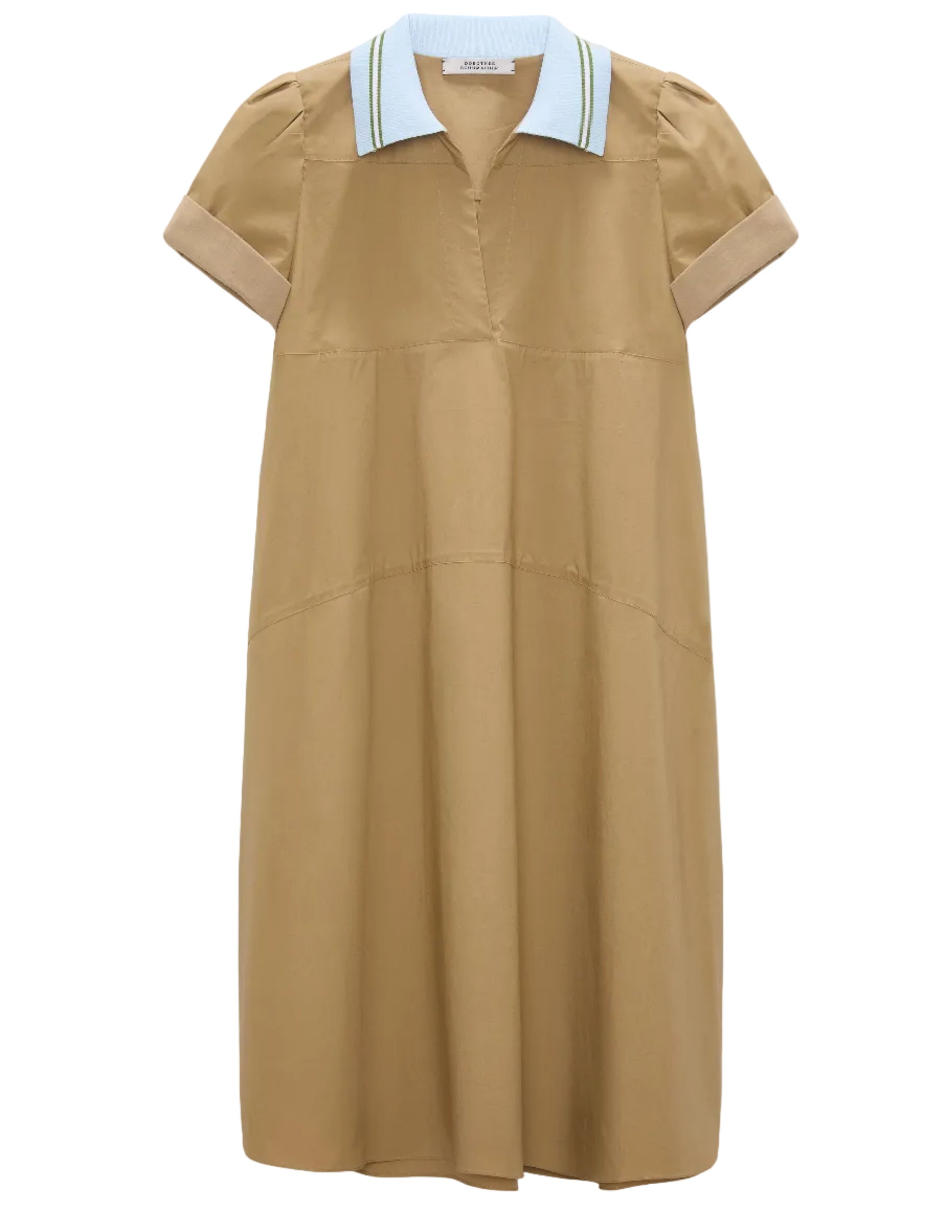 The Poplin Power Mini Shirt Dress by Dorothee Schumacher is a tan, short-sleeve A-line dress with a relaxed fit and a light blue polo collar accented with white and green stripes.