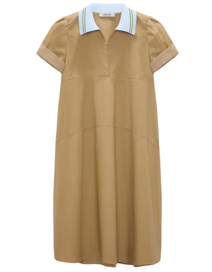 The Poplin Power Mini Shirt Dress by Dorothee Schumacher is a tan, short-sleeve A-line dress with a relaxed fit and a light blue polo collar accented with white and green stripes.