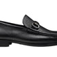 The Magnanni Gentry Soft Bit Loafer is a black leather shoe with a textured surface, metal accent, and cushioned sole, shown from the side view.