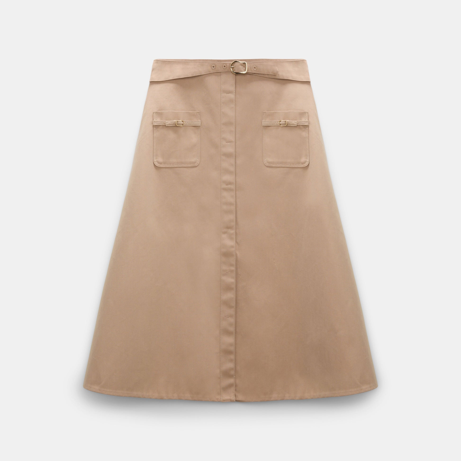The Dorothee Schumacher Luxury Layer Skirt is a beige flared design in technical cotton, featuring a front button closure, belted patch pockets with zippers, and a matching waist belt, shown against a white background.