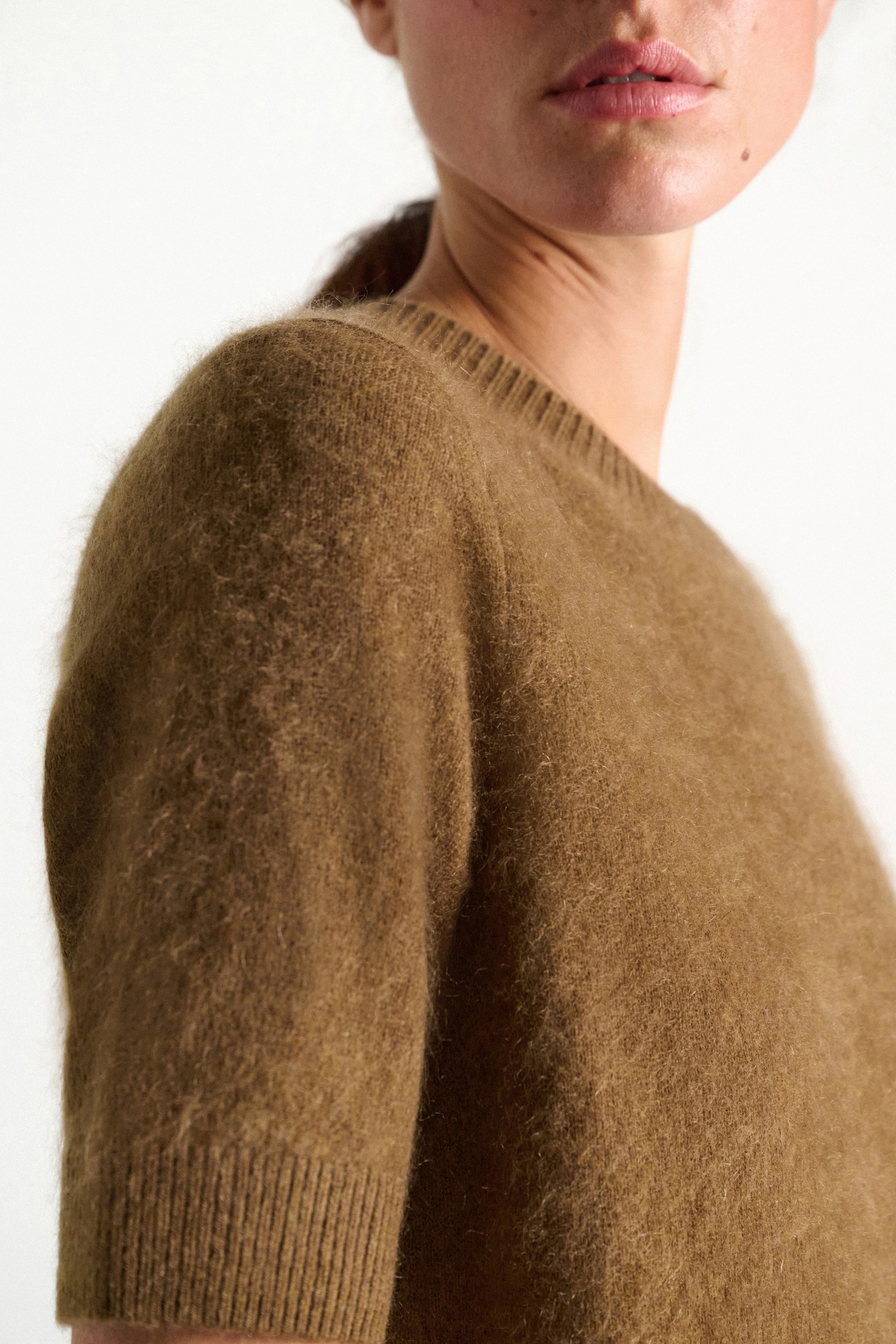 A person is shown from the shoulder up against a plain background, wearing the Dorothee Schumacher Fluffy Statements Pullover—a brown, extra soft short-sleeve knit sweater.