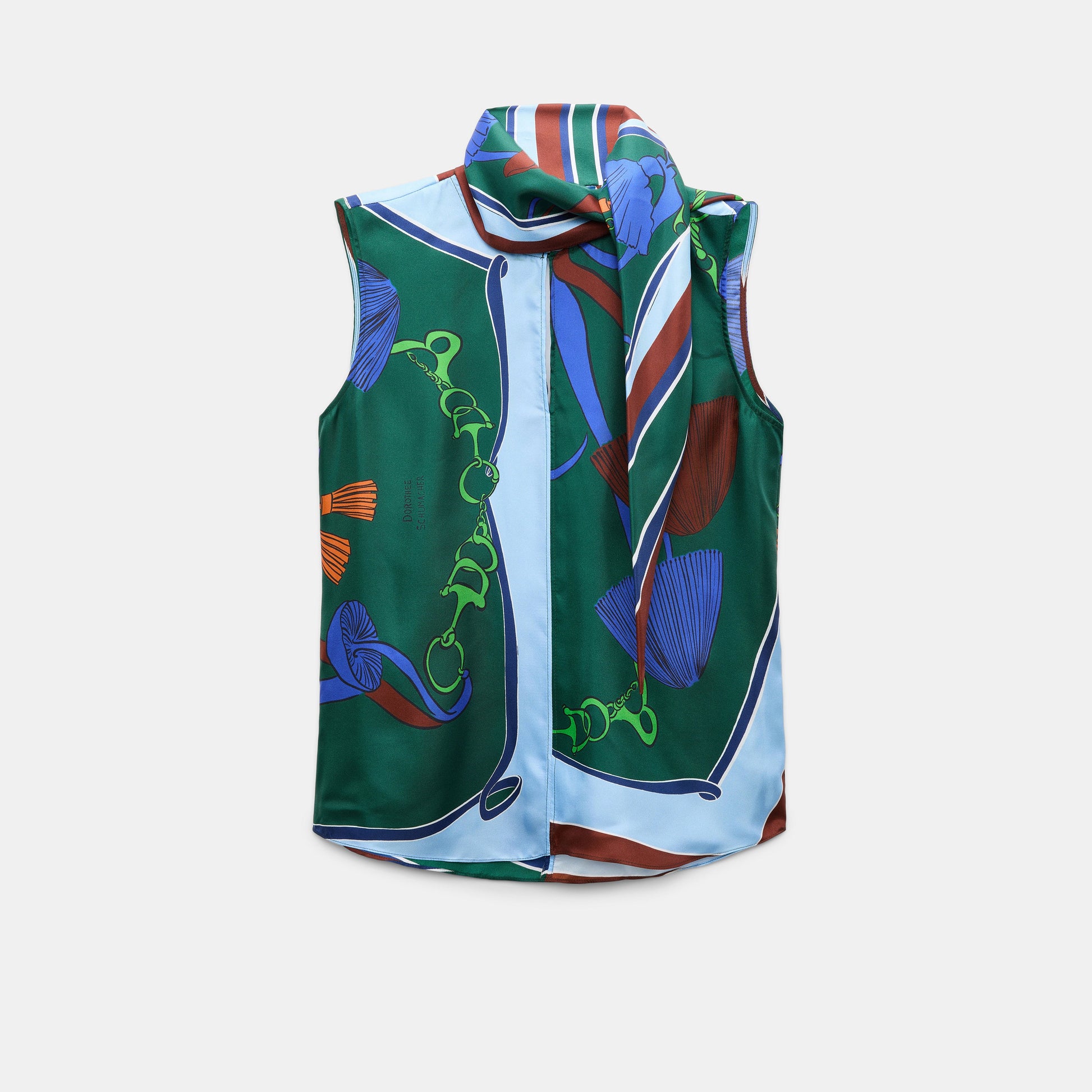 The Cosmic Funghi Top by Dorothee Schumacher is a sleeveless silk blouse with a tie collar, featuring a green base adorned with abstract blue, orange, and red patterns outlined in light blue.