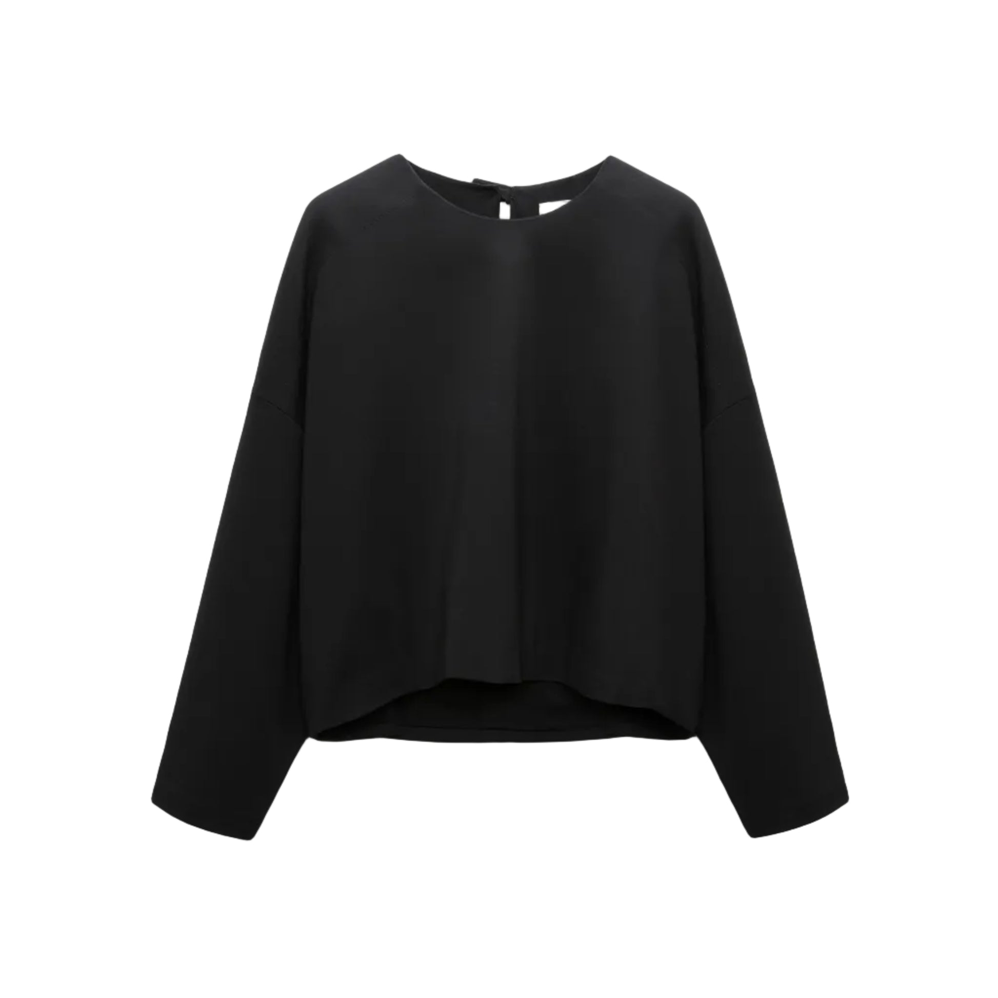 The Dorothee Schumacher Emotional Essence Blouse is an oversized black long-sleeve pullover top with a round neckline, shown on a white background.