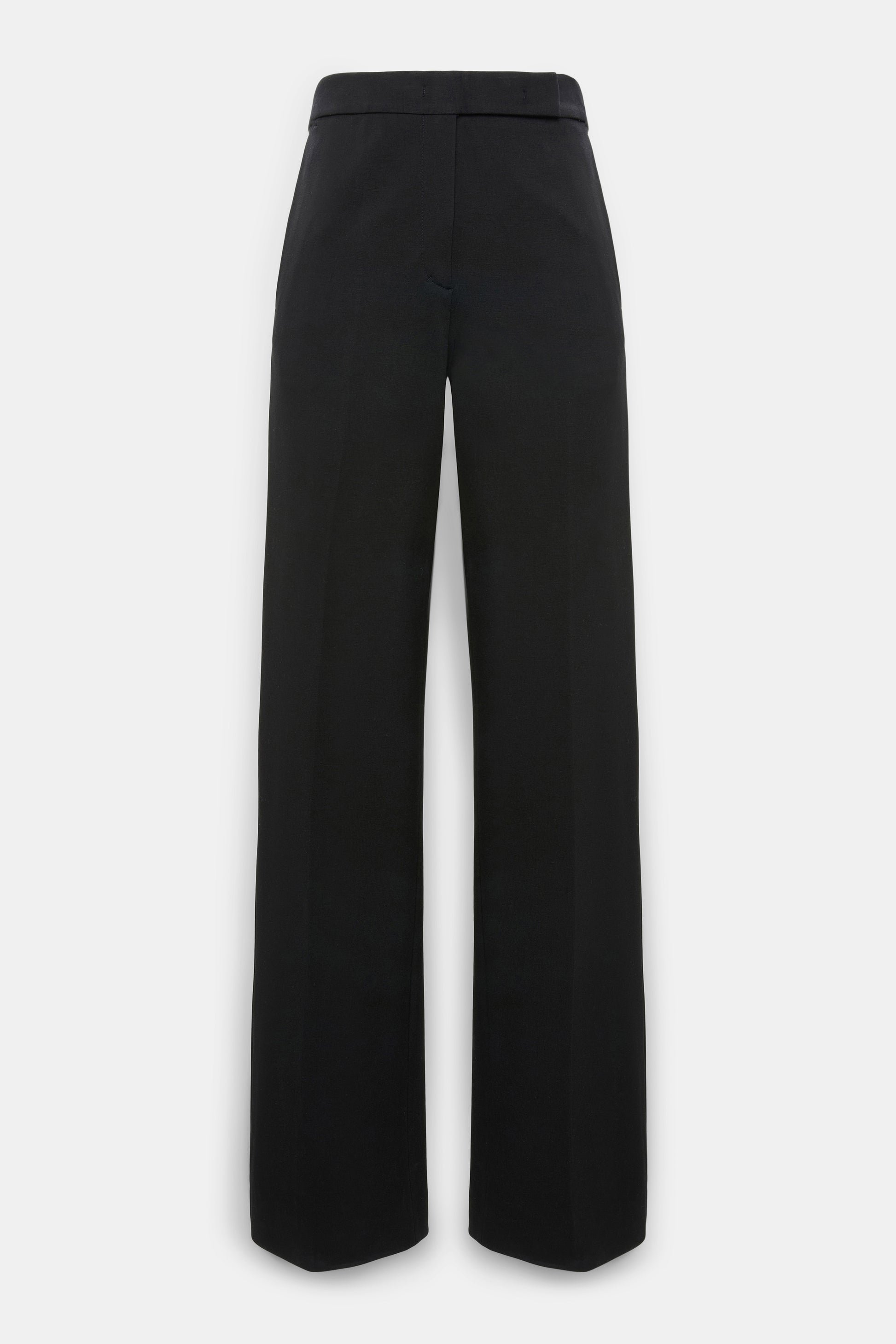 The Dorothee Schumacher Emotional Essence Pants are black, high-waisted, wide-leg trousers crafted from soft Punto Milano fabric. Shown against a plain white background, they feature side pockets, a flat front, and an elegant unfinished hemline that adds a modern touch.