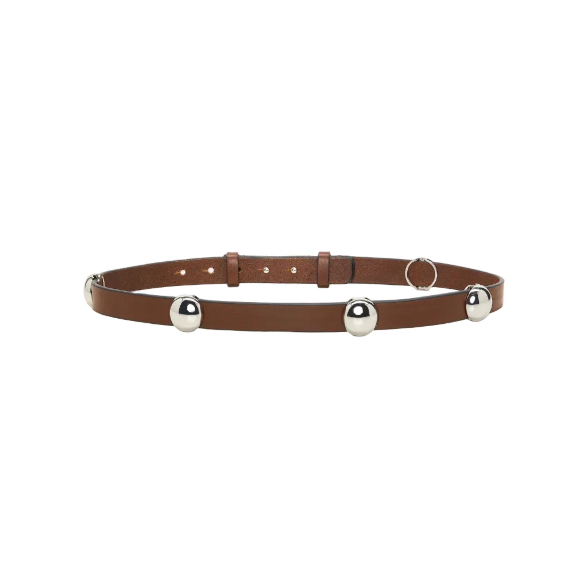Certainly! Here’s a rewritten sentence using your provided product data: The Dorothee Schumacher True Cuoio Stud Belt is a brown, slim accessory made from soft calfskin, adorned with three evenly spaced silver metal bells and finished with an adjustable pin stud closure.