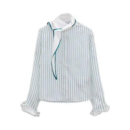 Dorothee Schumacher Stripes With A Twist Blouse, a white long-sleeved striped silk top with a high collar, decorative draped tie, and memory wire cuffs.