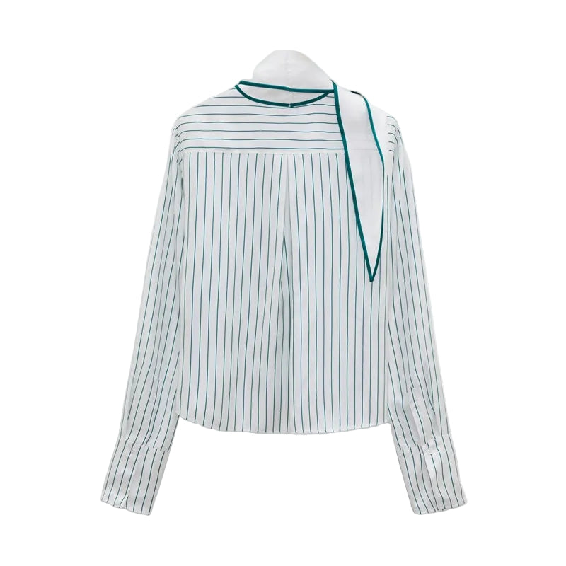 Back view of the white Dorothee Schumacher Stripes With A Twist Blouse featuring thin vertical green stripes, a scarf neckline with a tie detail, and green piping.