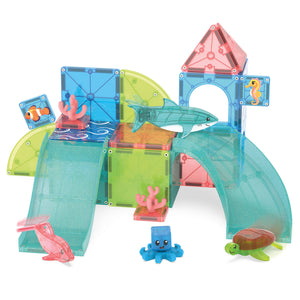 Children can create an underwater world with the MagnaTiles Coral Reef 25-Piece Set, featuring colorful magnetic tiles and toy ocean animals—including a turtle, shark, octopus, and fish—as well as coral reef and seahorse decorations for imaginative aquatic-themed building.