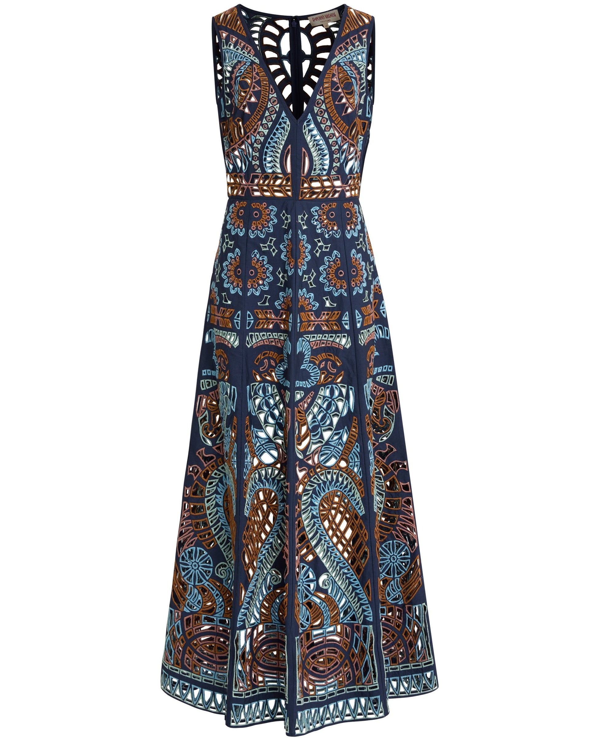 The Vivienne Brise Dress by Emporio Sirenuse is a sleeveless, mid-length dress with geometric and floral Brisé cutwork in blue, brown, and copper tones, featuring a fitted bodice and flared skirt.